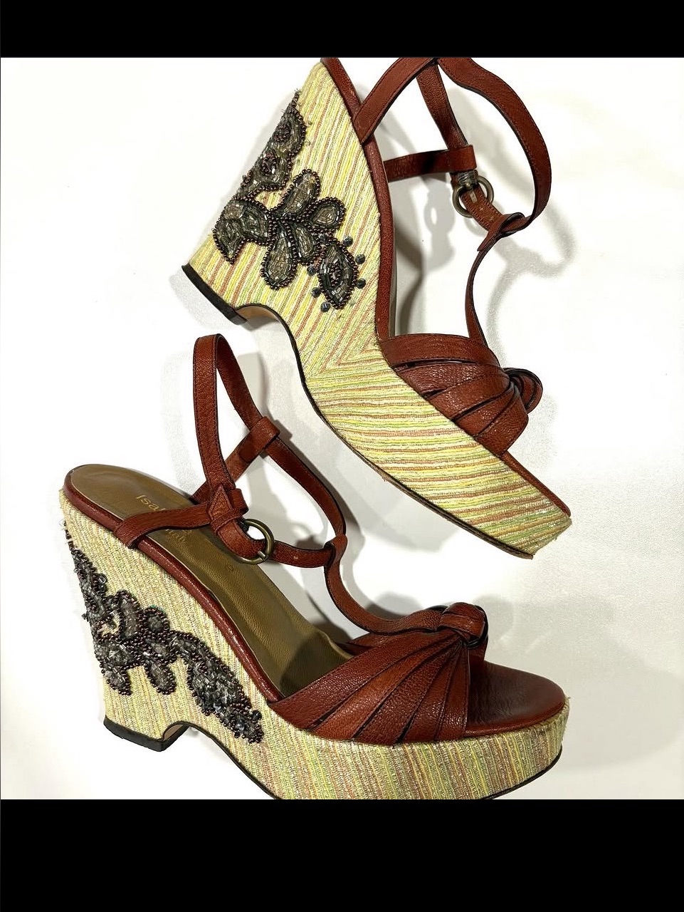 Isabella Fiore Brown Leather Beaded Platform Wedge Sandals
